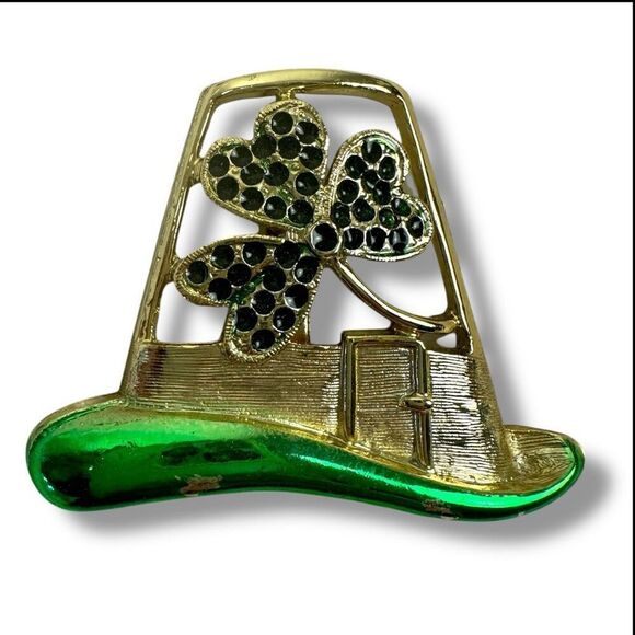 Vintage Jewelry - Leprechaun Hat Brooch Pin Green Gold Tone Rhinestone Shamrock St. Patrick's Day